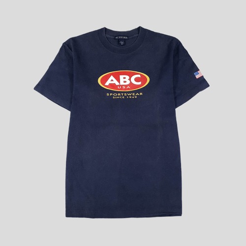 ABC SPORTSWEAR 네이비 로고프린팅 성조기 패치 헤비코튼 반팔 티셔츠 MADE IN USA SIZE M