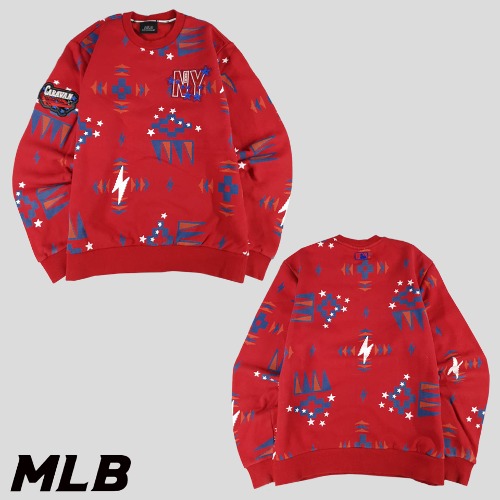 MLB 엠엘비 레드 나바호패턴 뉴욕양키즈 쿠키패치 기모 맨투맨 티셔츠 L