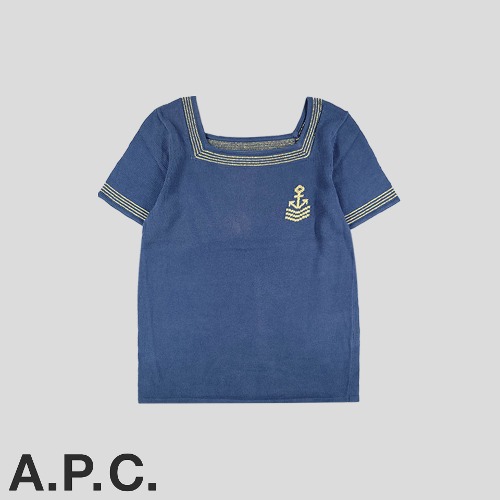 A.P.C. 아페쎄 네이비 골드 스퀘어넥 코튼100 니트 반팔 티셔츠 WOMANS M