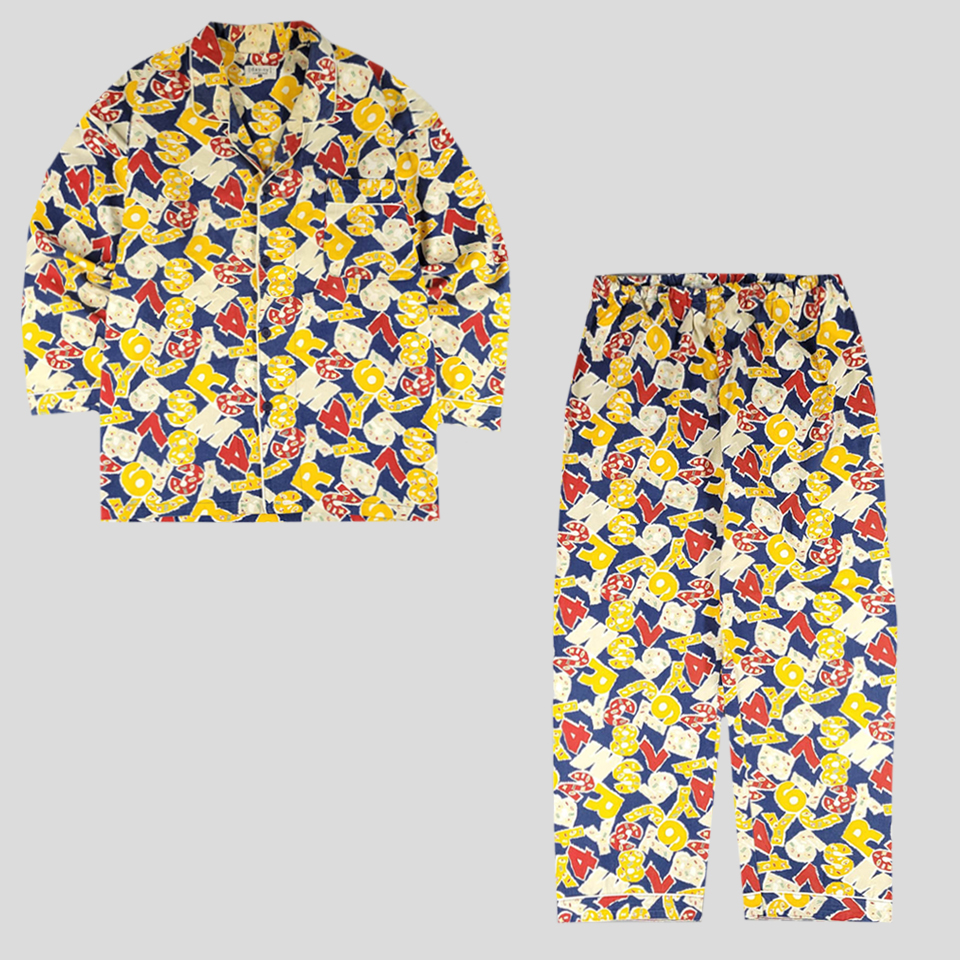 DAY TY 네이비 옐로우 넘버패턴 코튼100 파자마 잠옷 슬립웨어 셋업 MADE IN JAPAN XL