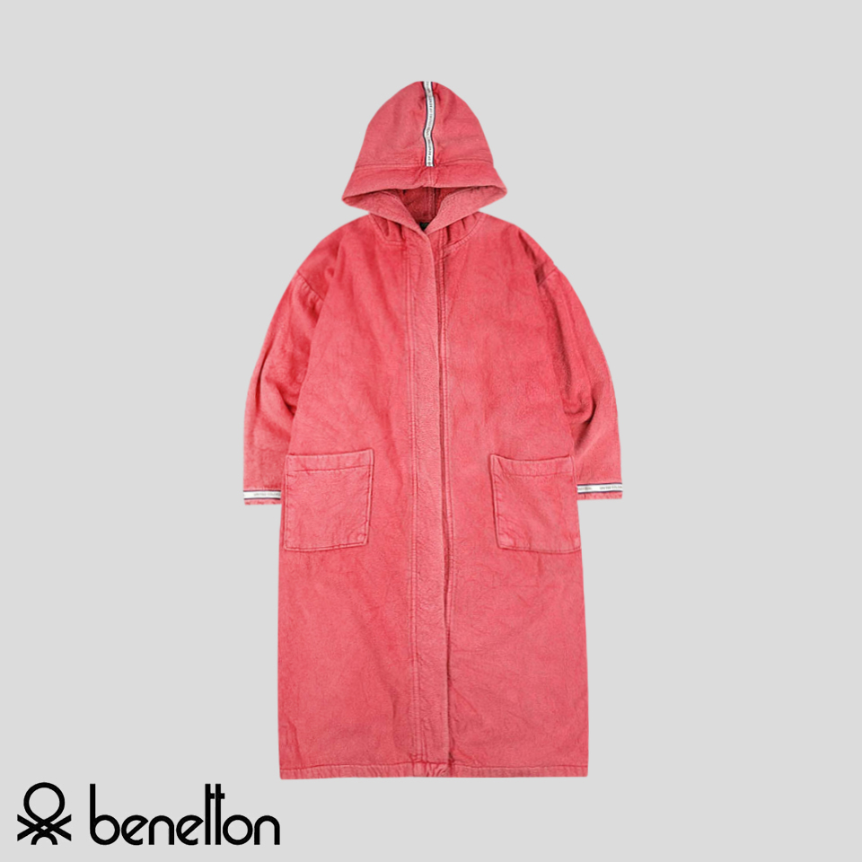 베네통 핑크 화이트 테이프라인 테리 코튼100 로브 샤워가운 코트 M