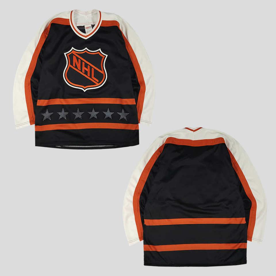 CCM NHL 엔에이치엘 90s 블랙 화이트 오렌지 사이드라인 블록코어 하키복 브이넥 져지 긴팔 티셔츠 롱슬리브 MADE IN USA M