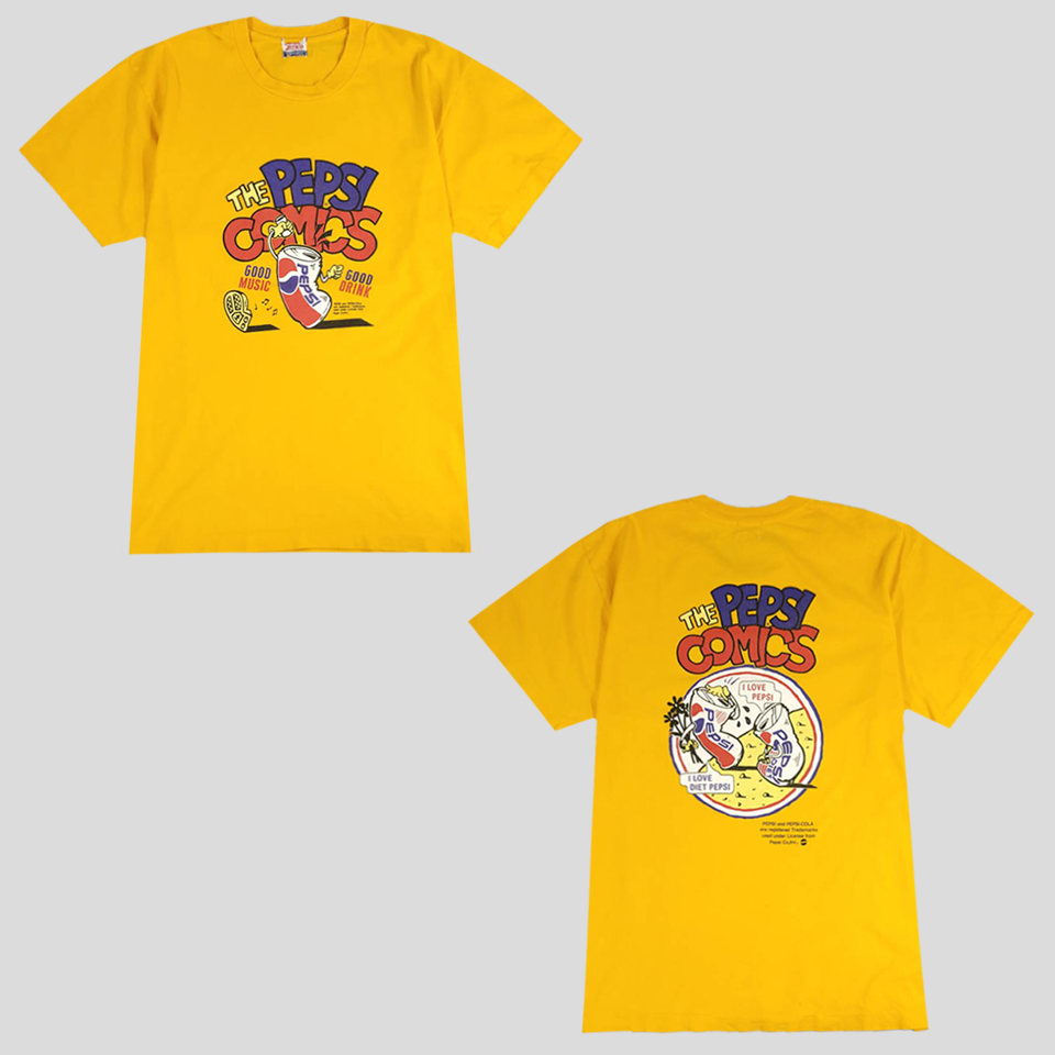 펩시 옐로우 일러스트 프린팅 올드스쿨 코튼 반팔 티셔츠 MADE IN JAPAN M