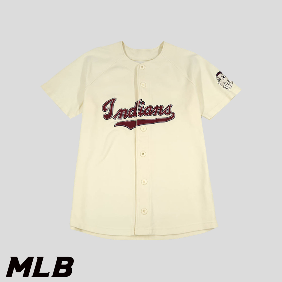 MLB 엠엘비 베이지 크림 클리블랜드 가디언스 로고패치 올드스쿨 논마킹 레플리카 야구져지 유니폼  반팔셔츠 하프셔츠 L