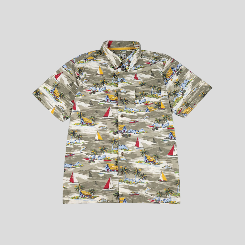 빈티지 카키 브라운 야자수 서핑 드로잉패턴 하와이안 코튼100 반팔셔츠 하프셔츠 M