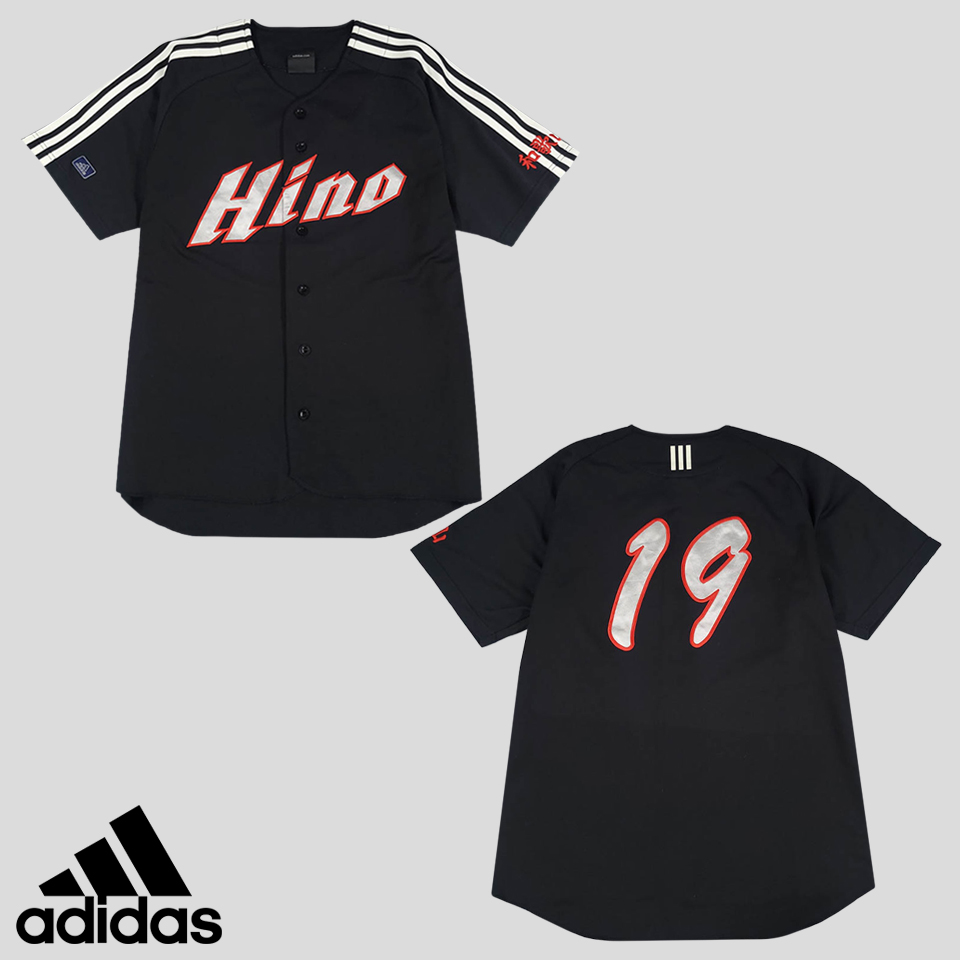 아디다스 JP 00s 블랙 화이트 삼선 히노 자동차 19 넘버 빅패치 클라이마라이트 야구져지 유니폼 레플리카 반팔셔츠 하프셔츠 MADE IN JAPAN M