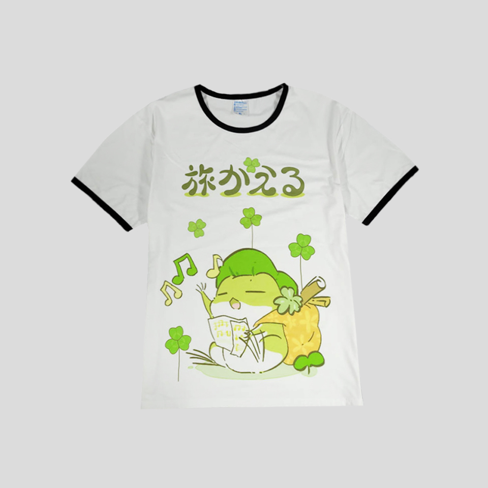 타비카에루 여행하는 개구리 화이트 블랙 라이닝 클로버 노래하는 개구리 져지 링거티 반팔 티셔츠 M