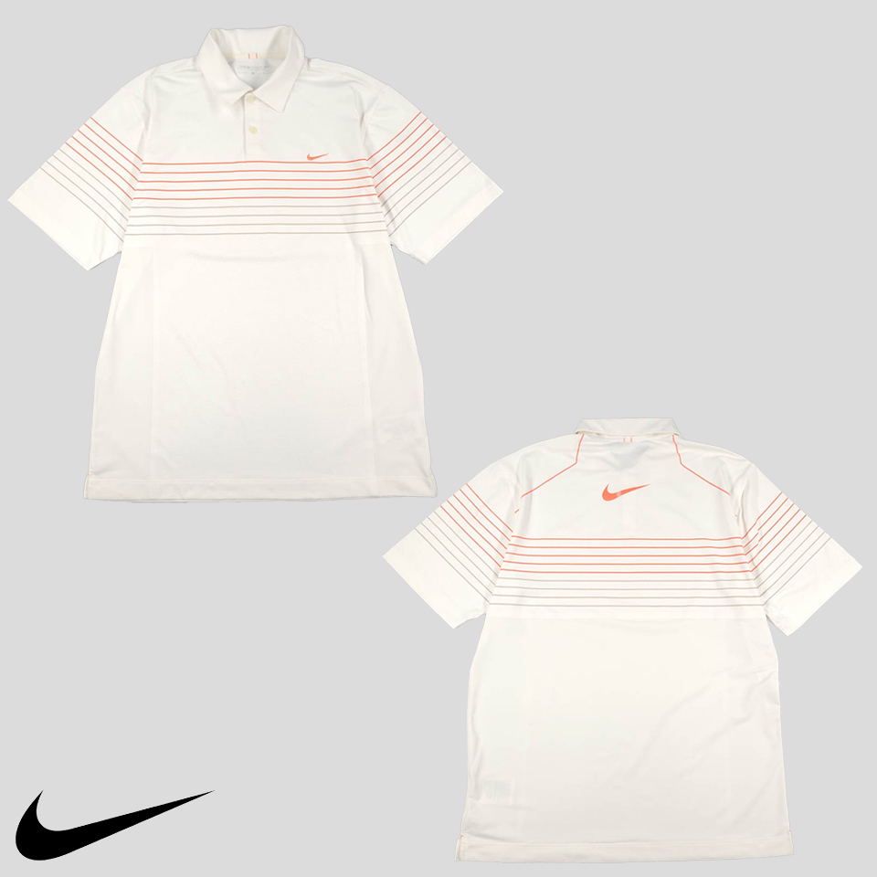 나이키 골프 화이트 오렌지 스트라이프 스우시 골프웨어 메쉬 드라이핏 기능성 반팔 티셔츠 L
