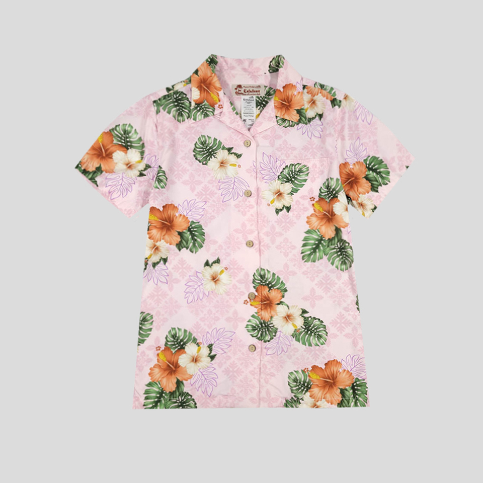 KALULUWA 핑크 플로랄 하와이안 우드버튼 레이온 반팔셔츠 하프셔츠 WOMANS L