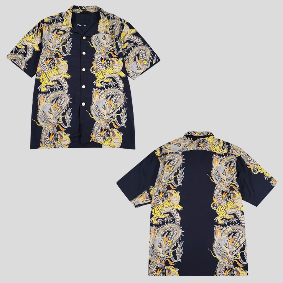 빈티지 딥네이비 동양풍 오리엔탈 일본풍 용호상박 빅프린팅 우드버튼 레이온100 반팔셔츠 하프셔츠 M