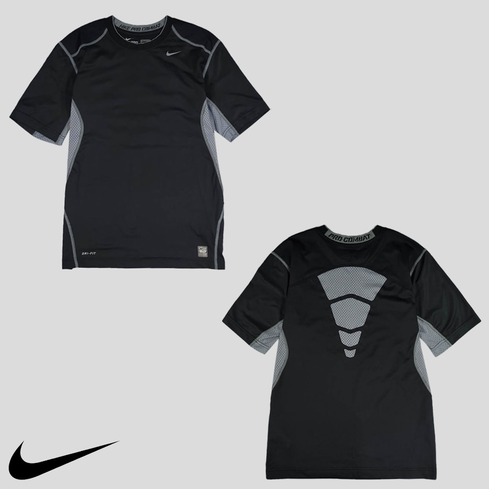 나이키 프로 컴뱃 블랙 그레이 스우시 핏티드 드라이핏 기능성 메쉬 폴리혼방 반팔 티셔츠 S